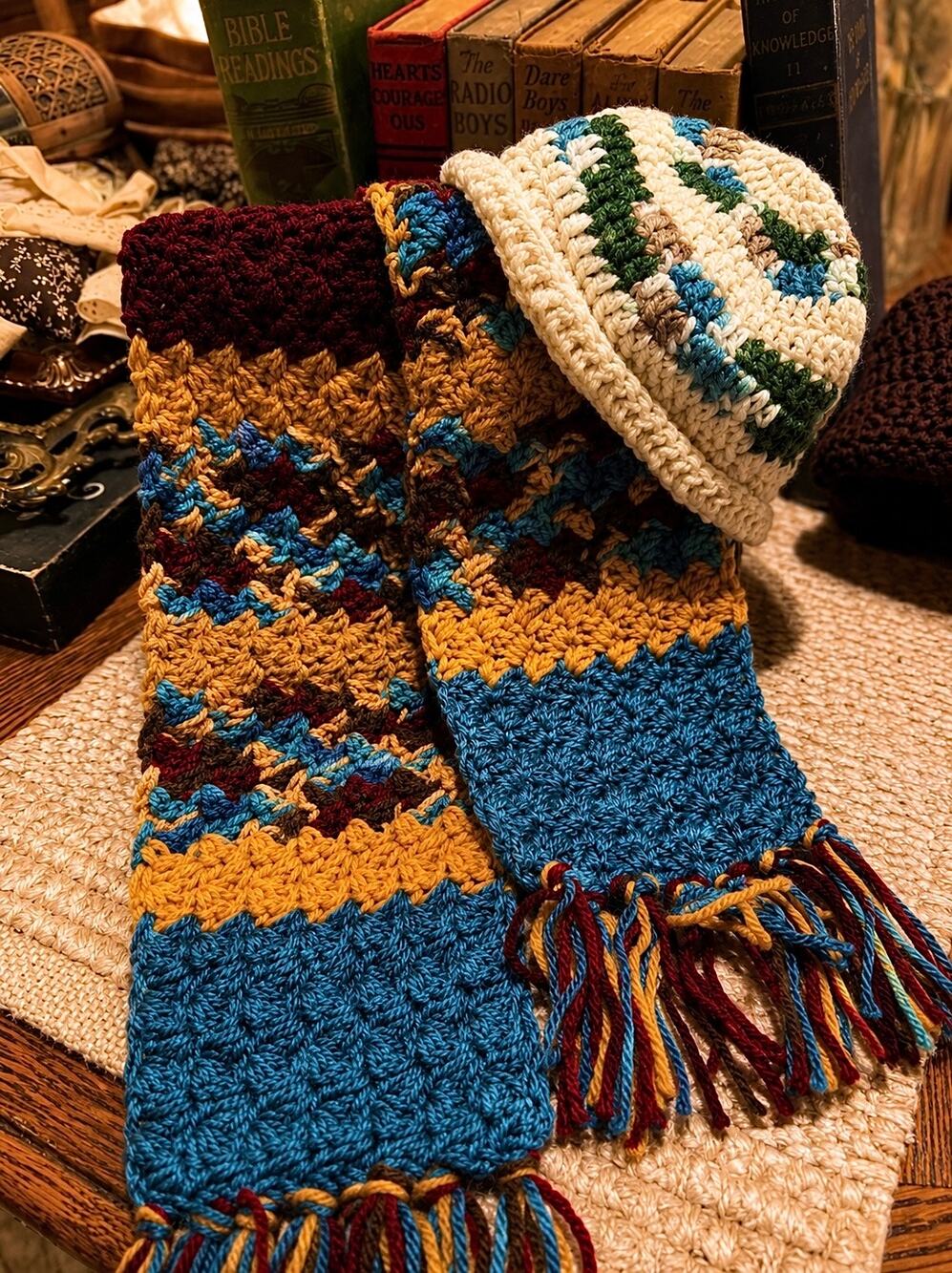 Handmade Crochet Scarf With Hat - Blue, Brown, Orange, Yellow & Cream